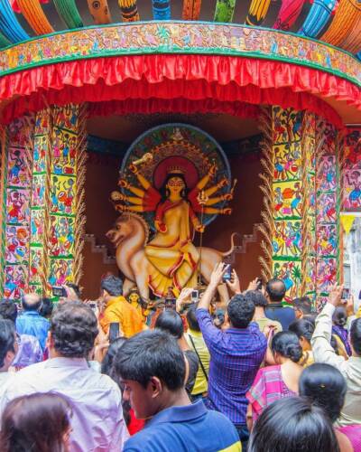 Captivating Interior of Ornately Decorated Durga Puja Pandal, Kolkata, West Bengal