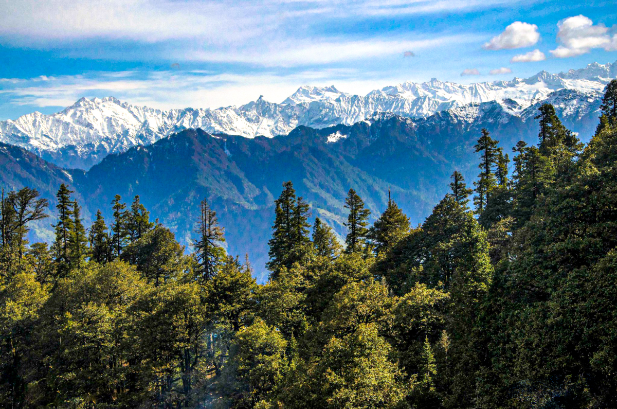 Three distinct topographies of GHNP in one frame: Subalpine forested hills, followed by alpine meadows, and finally, towering peaks with snow-capped, rocky mountains.