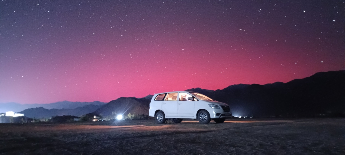 Stunning red aurora captured at 2:45 AM on October 11, 2024, from Stakna, outside Leh, Ladakh. This rare phenomenon was photographed by Dorje Angchuk (@dorje1974) using a 30-second exposure on a phone, revealing the ethereal glow of Stable Auroral Red (SAR) arcs caused by a powerful geomagnetic storm.