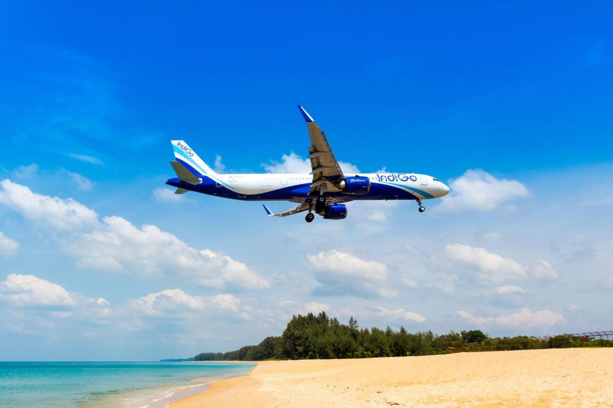 An IndiGo Airbus A321neo (VT-ILM) gracefully lands at Phuket Airport, passing over the stunning Mai Khao Beach. This marks the arrival of a direct Kolkata to Phuket flight, now available daily with IndiGo Airlines.