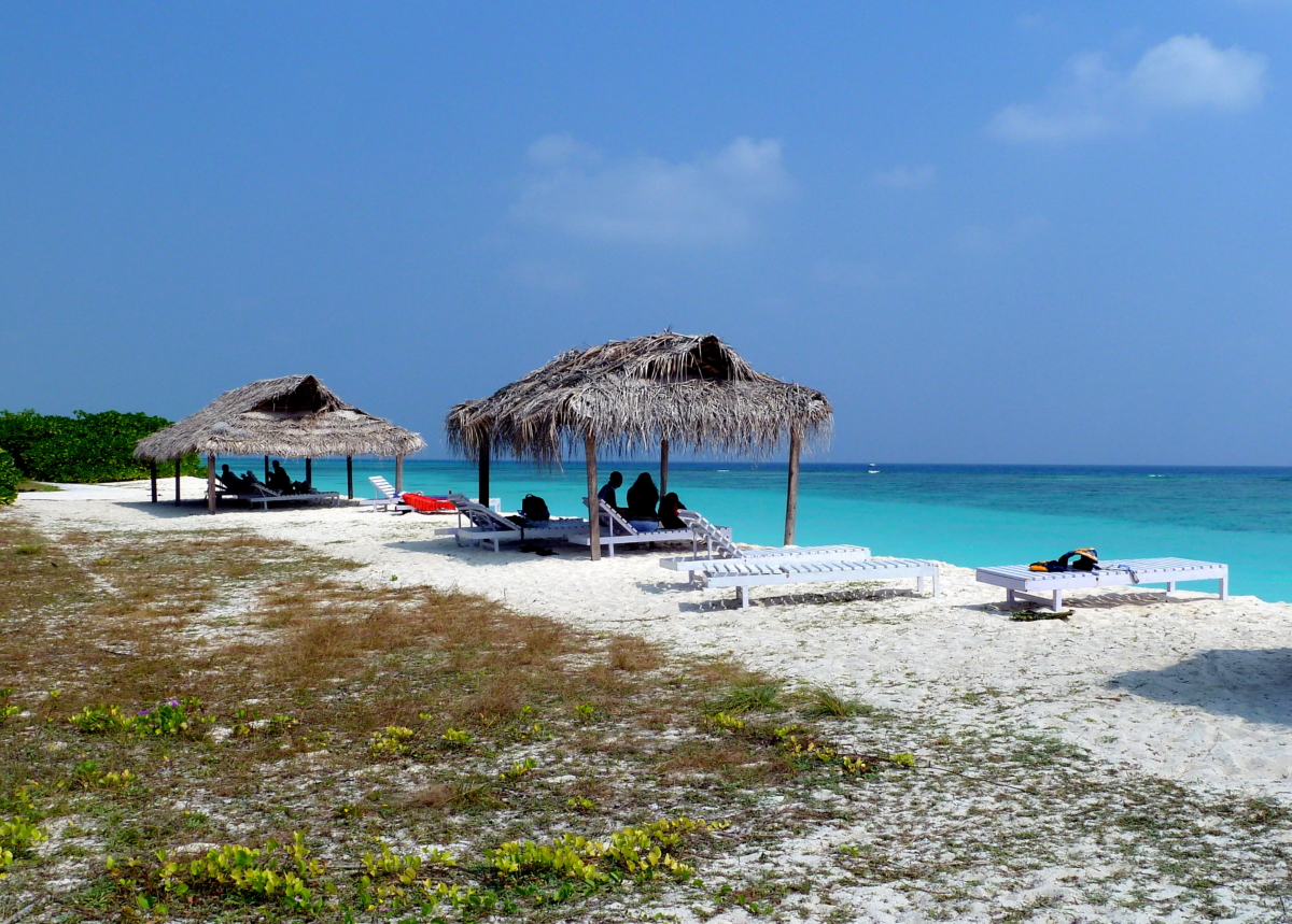 A halcyon view of Kadmat Beach, a Blue Flag-certified paradise, featuring pristine white sands, crystal-clear turquoise waters, and well-arranged beach setups with sun loungers, umbrellas, thatched shacks, and tented huts for a perfect tropical retreat.