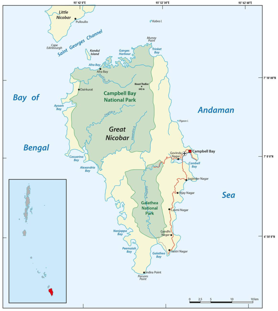 Map listing all the tourism places and important locations of Great Nicobar Island.