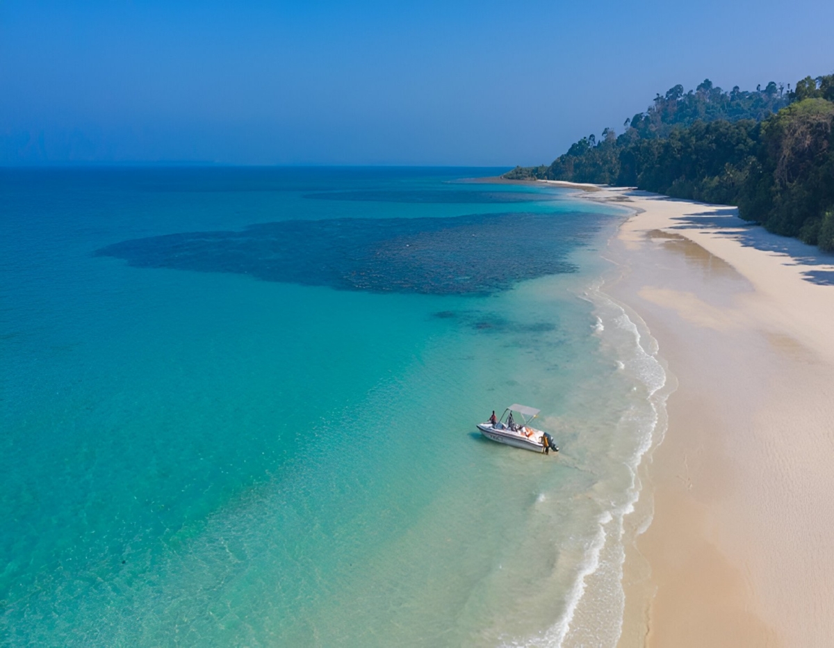 Aerial View of Merk Bay Beach of North Passage Island, Andaman- a hidden yet the most beautiful beach in the archipelago- accessible by 30 minutes boat ride from Long Island.